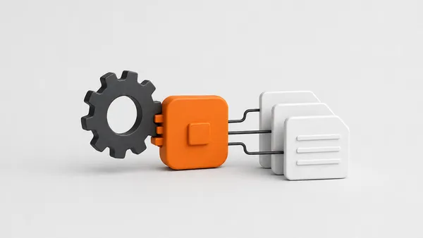 KI-generierte Illustration: Zahnrad, KI-Modul und Dokumente als Sinnbild für KI-Automatisierung