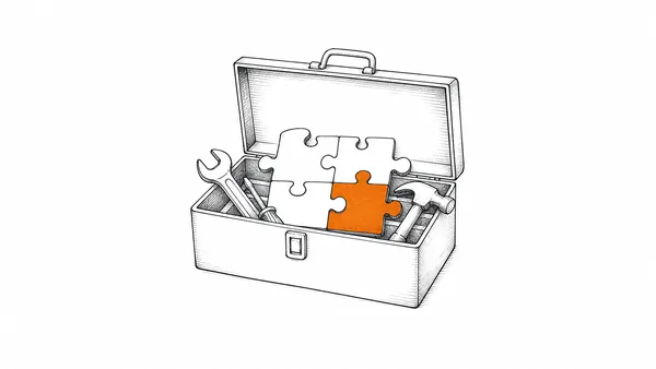 KI-generierte Illustration: Steckbausteine als Kette, ein orangefarbener Baustein als Kern