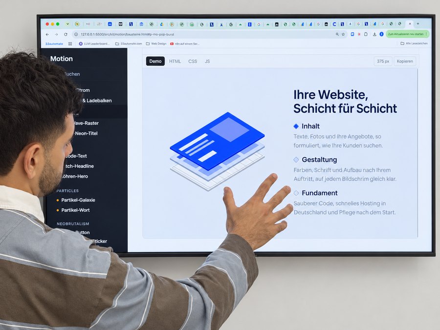 Erdem Pekel von fortschrittdigital erklärt den Aufbau einer Website am großen Bildschirm